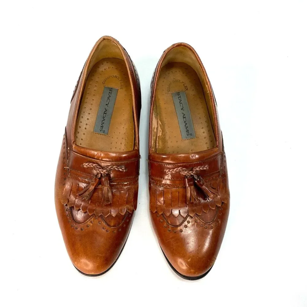 Mens Stacy Adams Cognac Wingtip Oxford Leather Dress Shoes Size 9M Slipon Brazil
